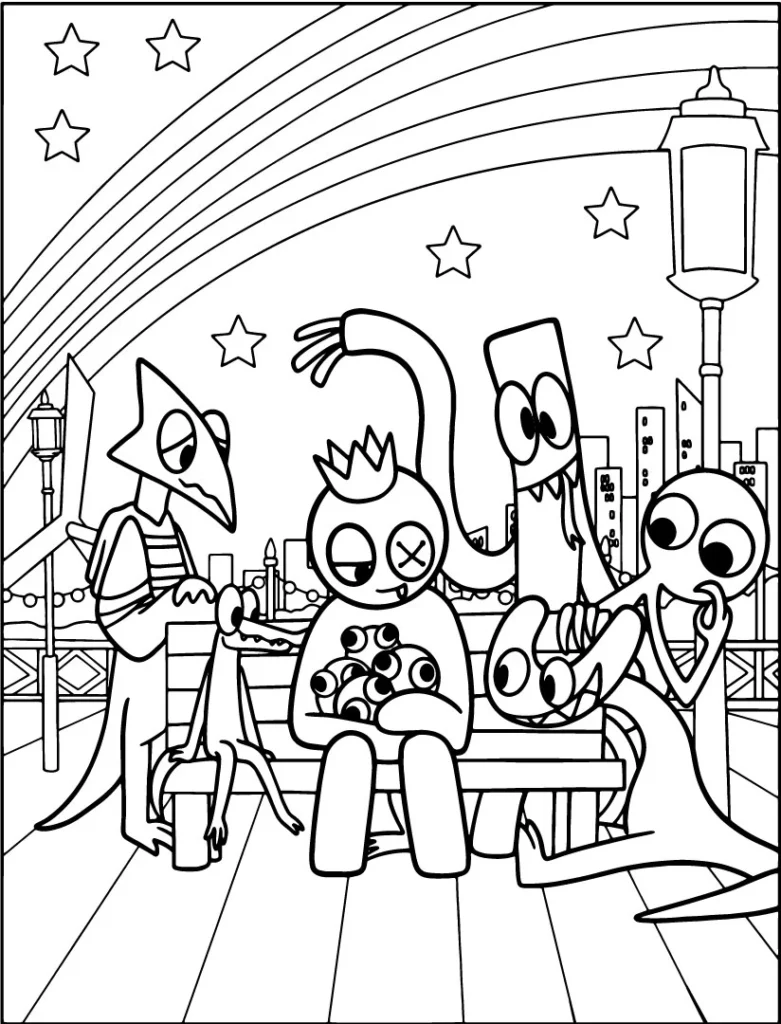 Night time Gathering Enchanting Rainbow Friends Coloring Page