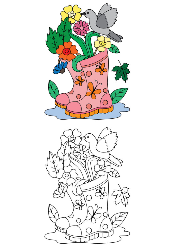 A Cozy Rain Boot Floral Scene Coloring Page