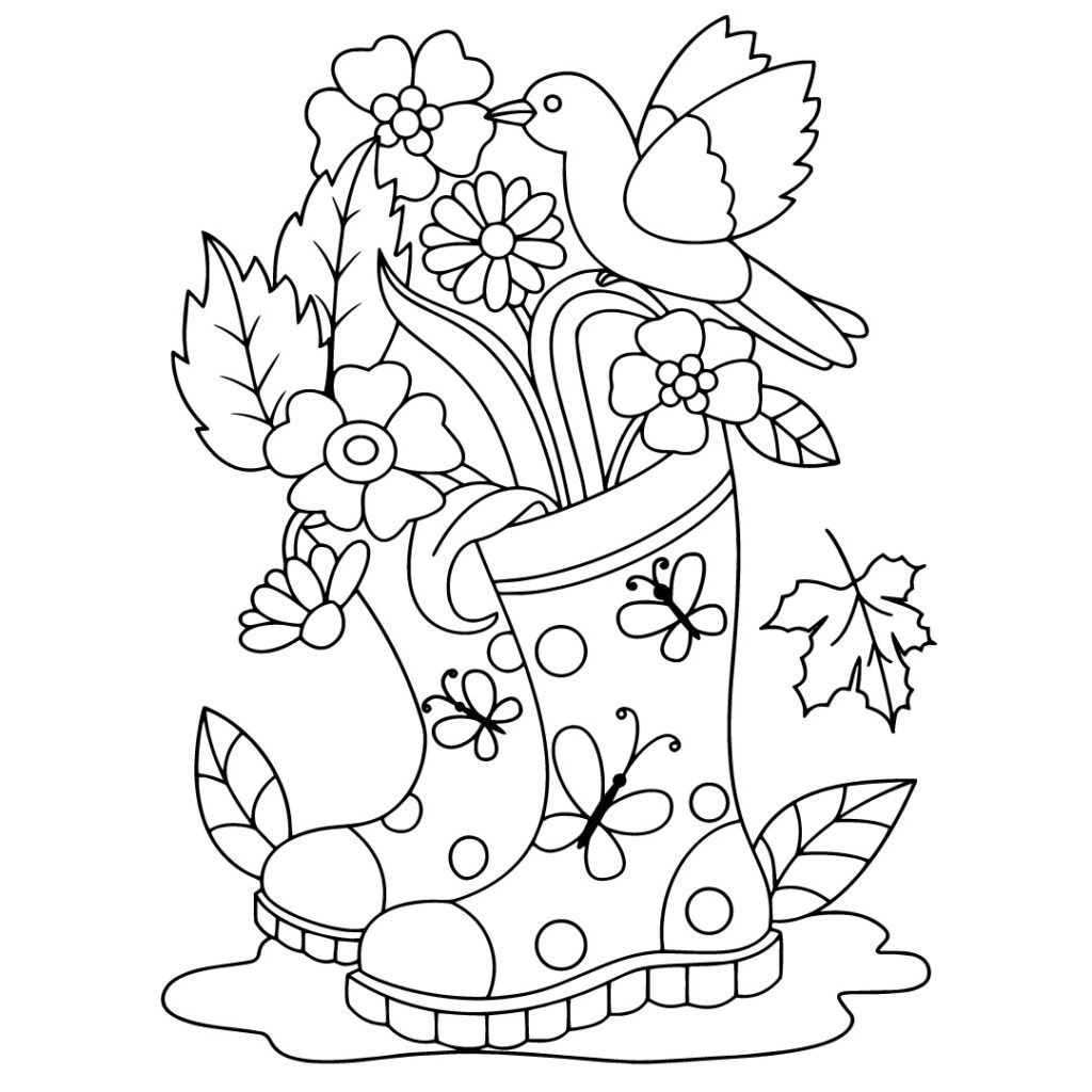 A Cozy Rain Boot Floral Scene Coloring Page