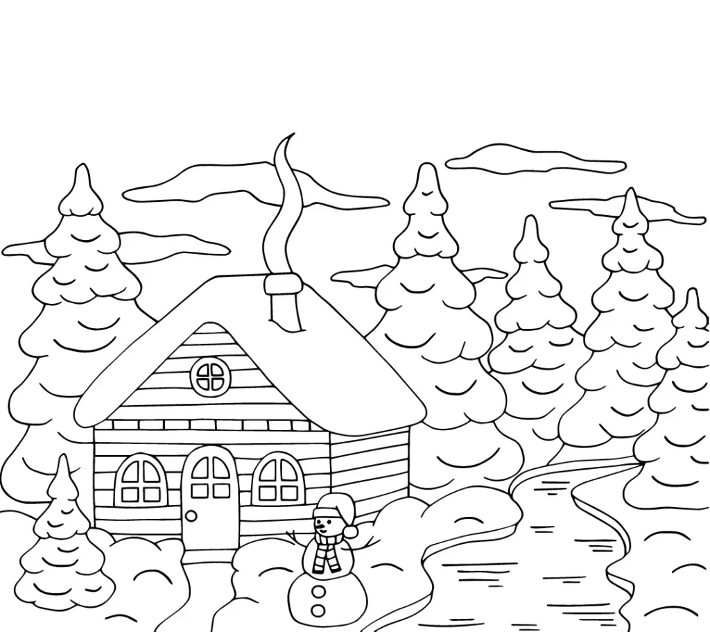 Winter Cabin with Snowman and Pine Trees Coloring Sheet