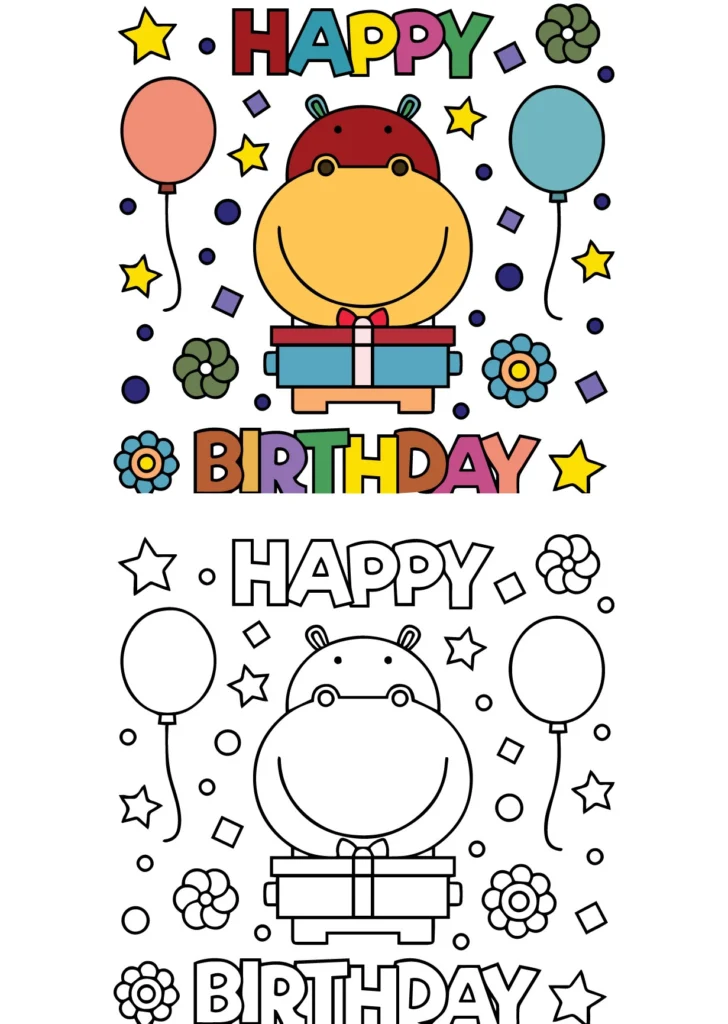 Bulky Hippo Happy Birthday Coloring Sheet