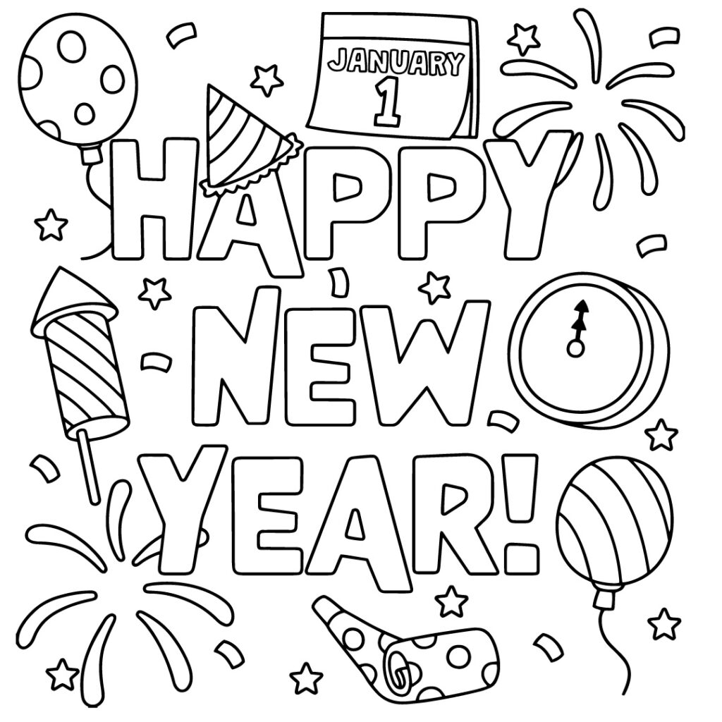 Coloring Page with Elements and Midnight Countdown