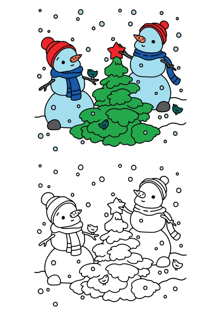 Two Snowman with Star Ornament December Coloring Page