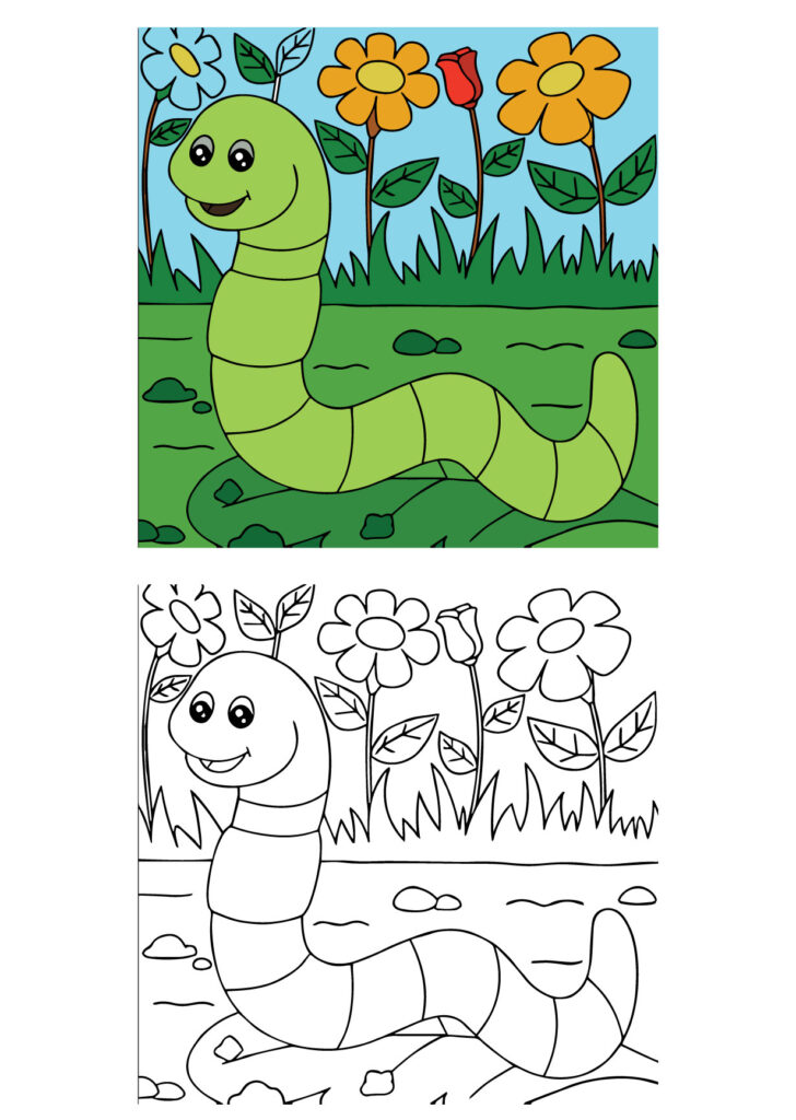 Happy Caterpillar in the Garden Coloring Page