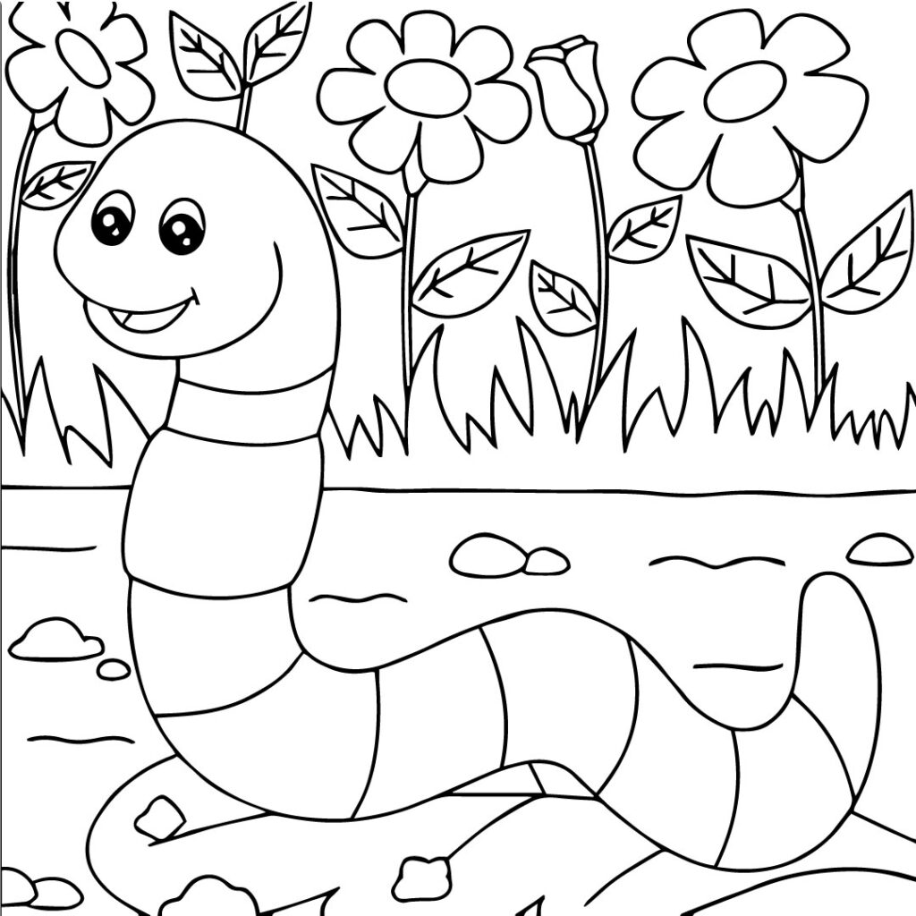 Happy Caterpillar in the Garden Coloring Page