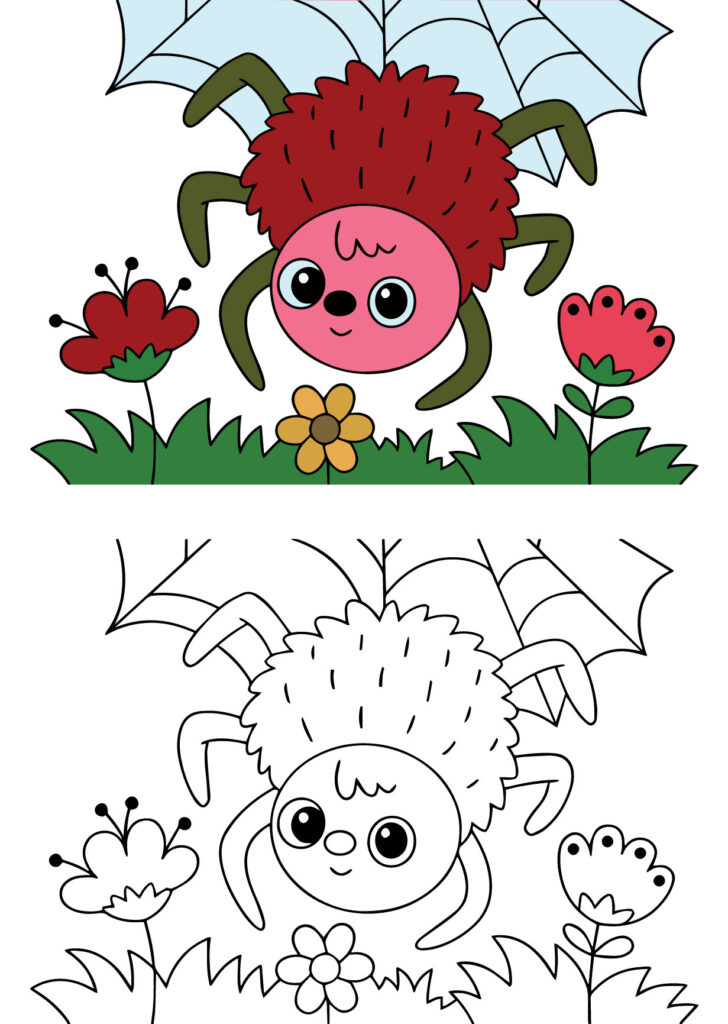 Smiling Spider in the Garden Coloring Page.